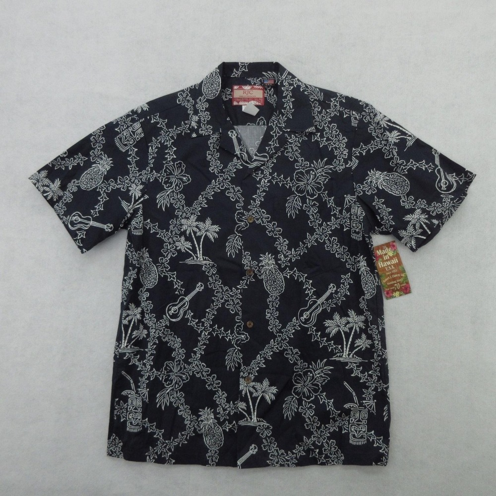RJC Shirt Mens Medium Navy Blue Hawaiian Aloha Made In Hawaii USA Tiki Print New